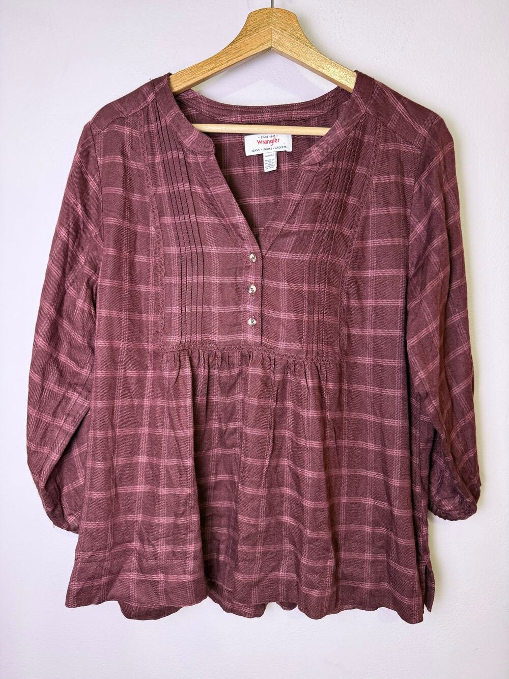 Wrangler Women’s Plaid Peasant Blouse Burgundy Boho Western Top Medium